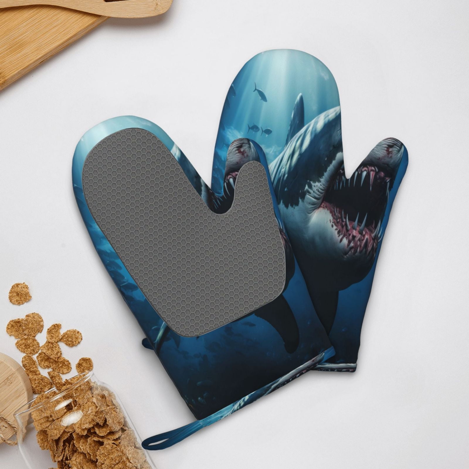 Hirioo 3D Realistic Shark for Silicone Oven Mitts for BBQ, Baking, Cooking, Set of 2, Heat Resistant 260℃, Non-Slip Kitchen Essentials