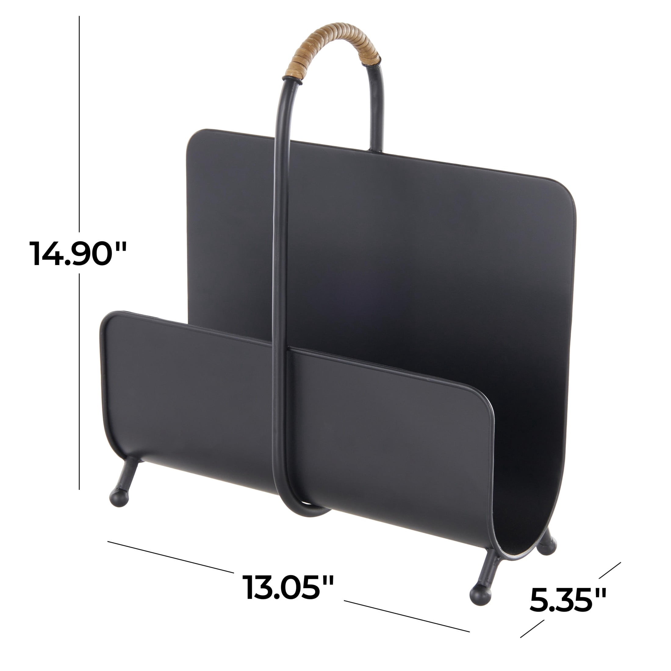 DecMode 15" Black Metal Matte Curved Magazine Holder with Rattan Loop Handle