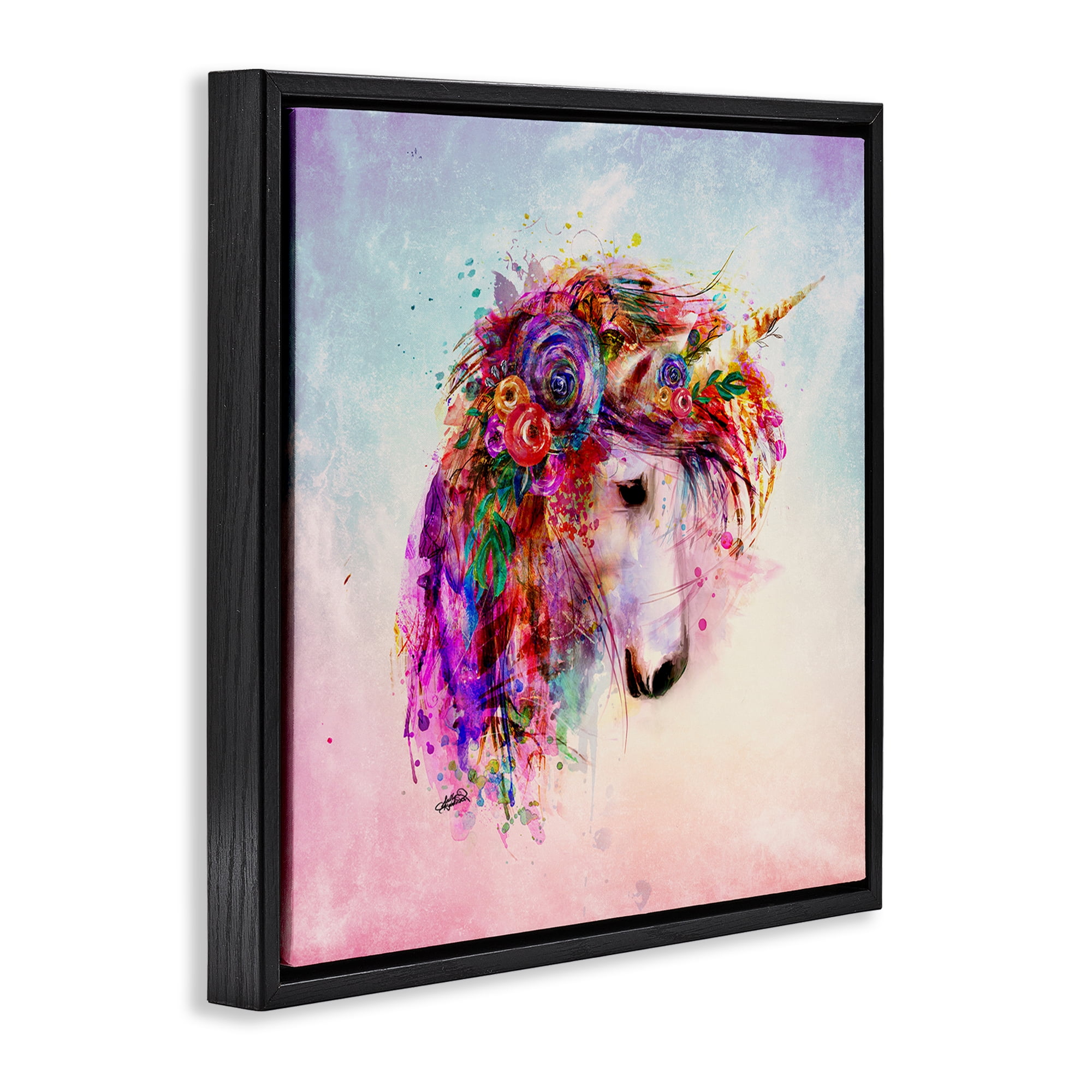 Stupell Industries Abstract Unicorn with Florals Fantasy & Sci-Fi Painting Black Floater Framed Canvas Art Print Wall Art, 25 x 25