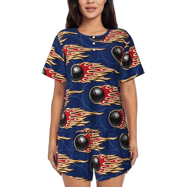 Balery Bowling Ball And Flame Conjunto de Pijama para Mujer con Estampado, Dos Piezas de Manga Corta y Shorts, Ropa de Dormir Suave con Cuello Redondo y Bolsillos-Medium