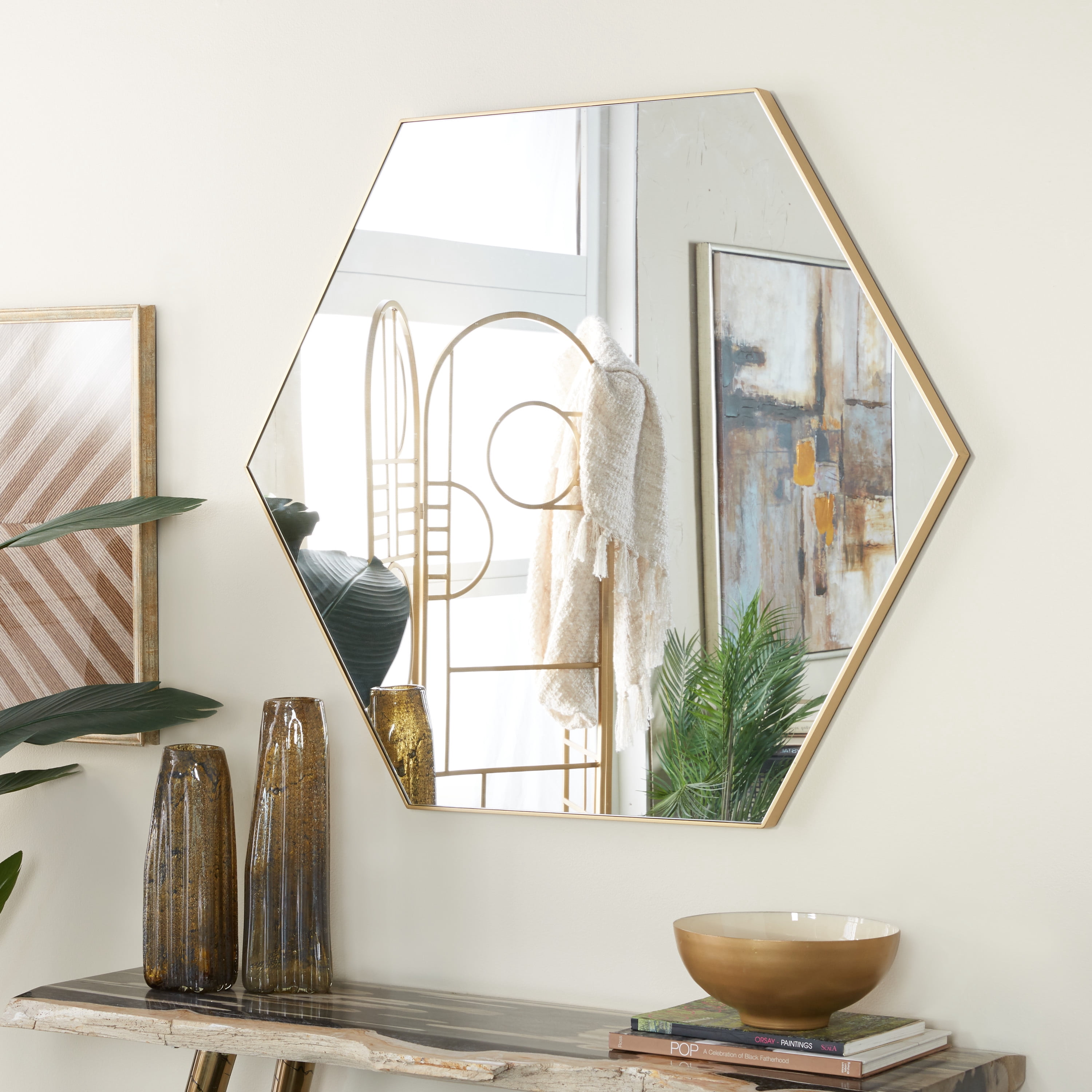 DecMode 40" x 35" Gold Hexagon Wall Mirror with Thin Minimalistic Frame