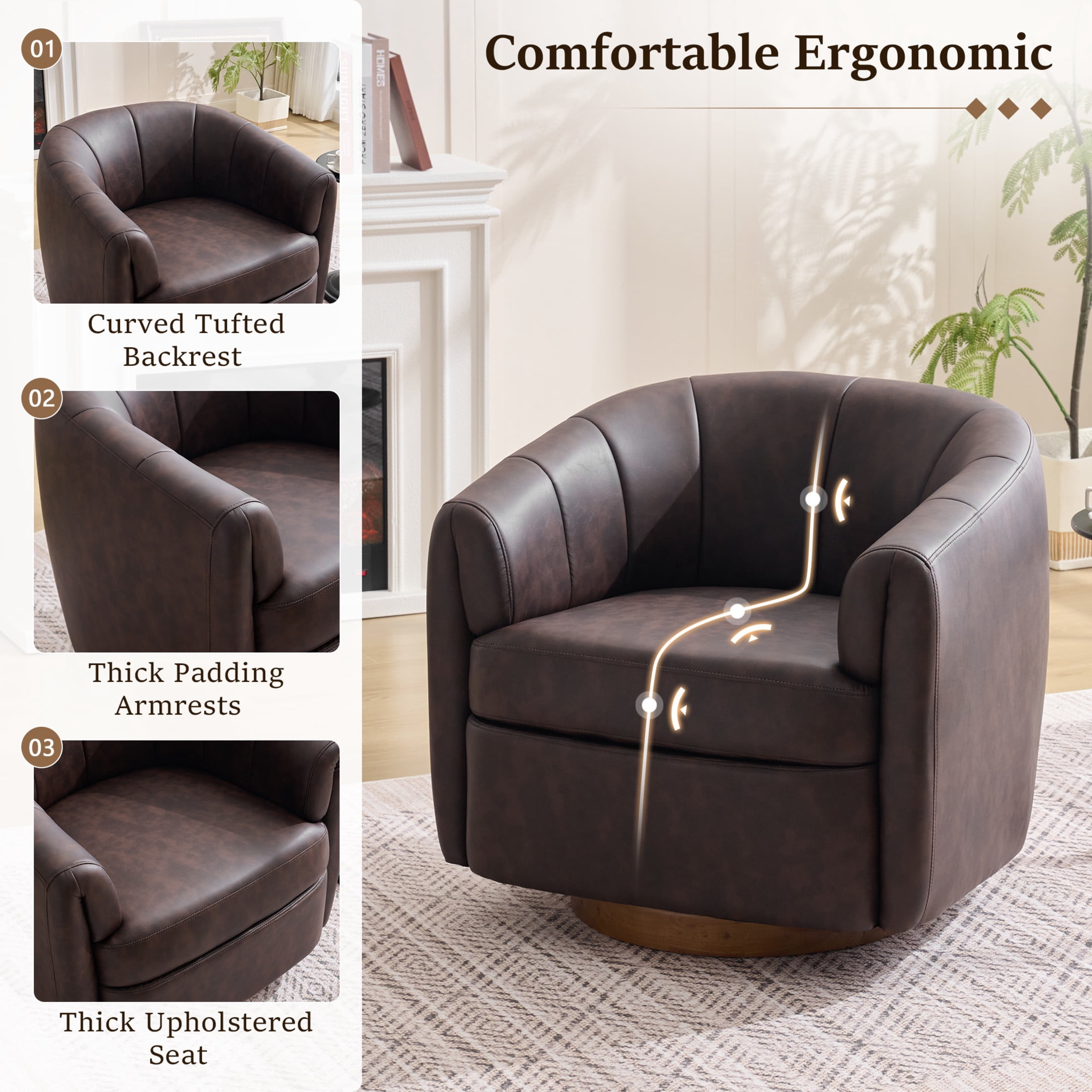 Noble House Swivel Accent Chair with Solid Wood Base, PU Upholstered Armchair for Living Room, Dark Brown
