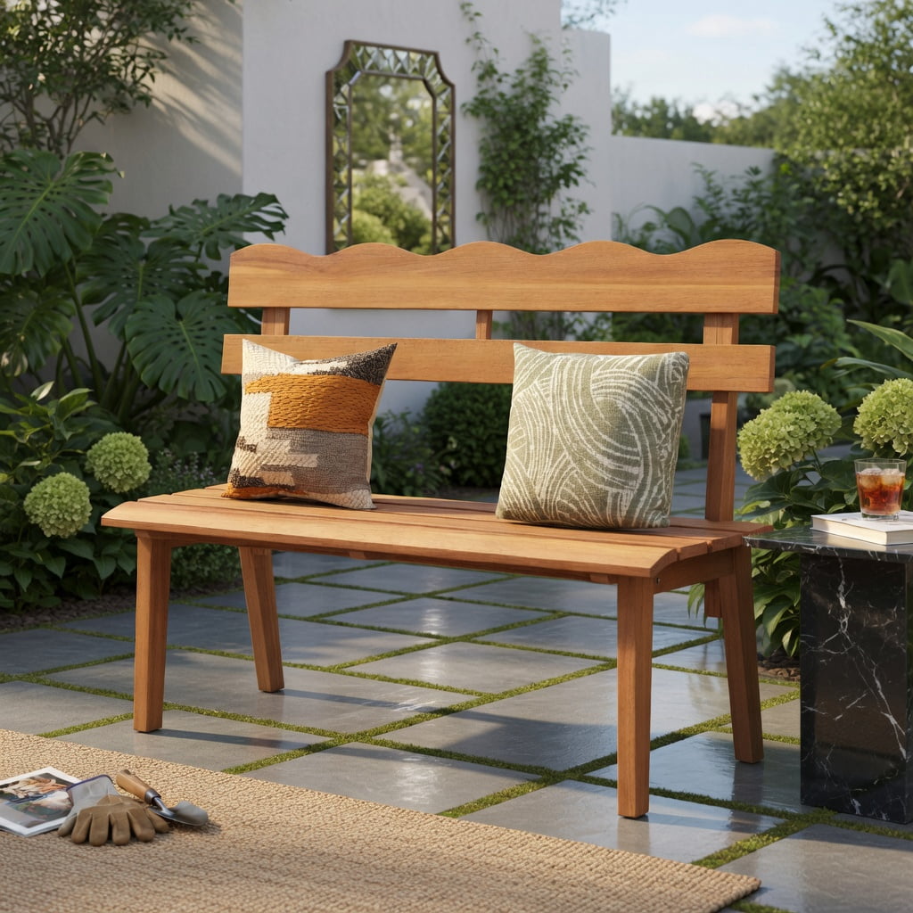 Hommoo Sturdy Outdoor Acacia Wood Garden Bench, Ergonomic Waved Backrest, Adjustable Feet, Pre-Assembled for Patio, Porch & Backyard, Natural