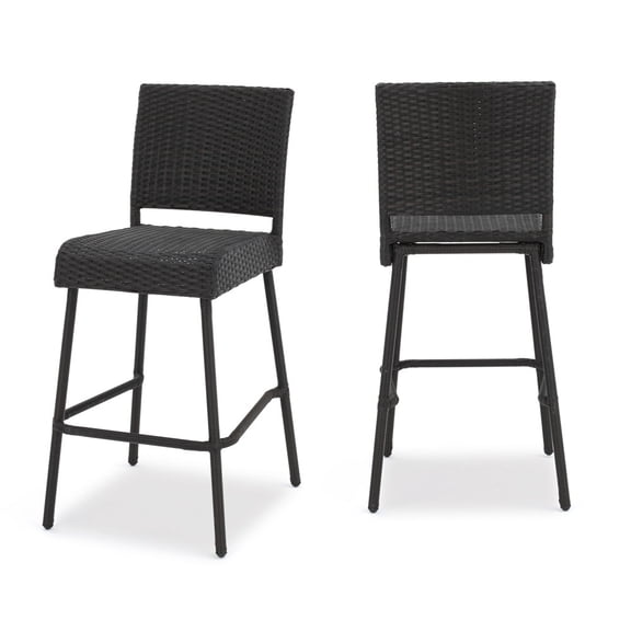 Set of 2 29 Inch Armless PE Rattan Outdoor Bar Stools, Curved Seat & Footrest Wicker Counter Height Chairs for Patio Backyard Balcony