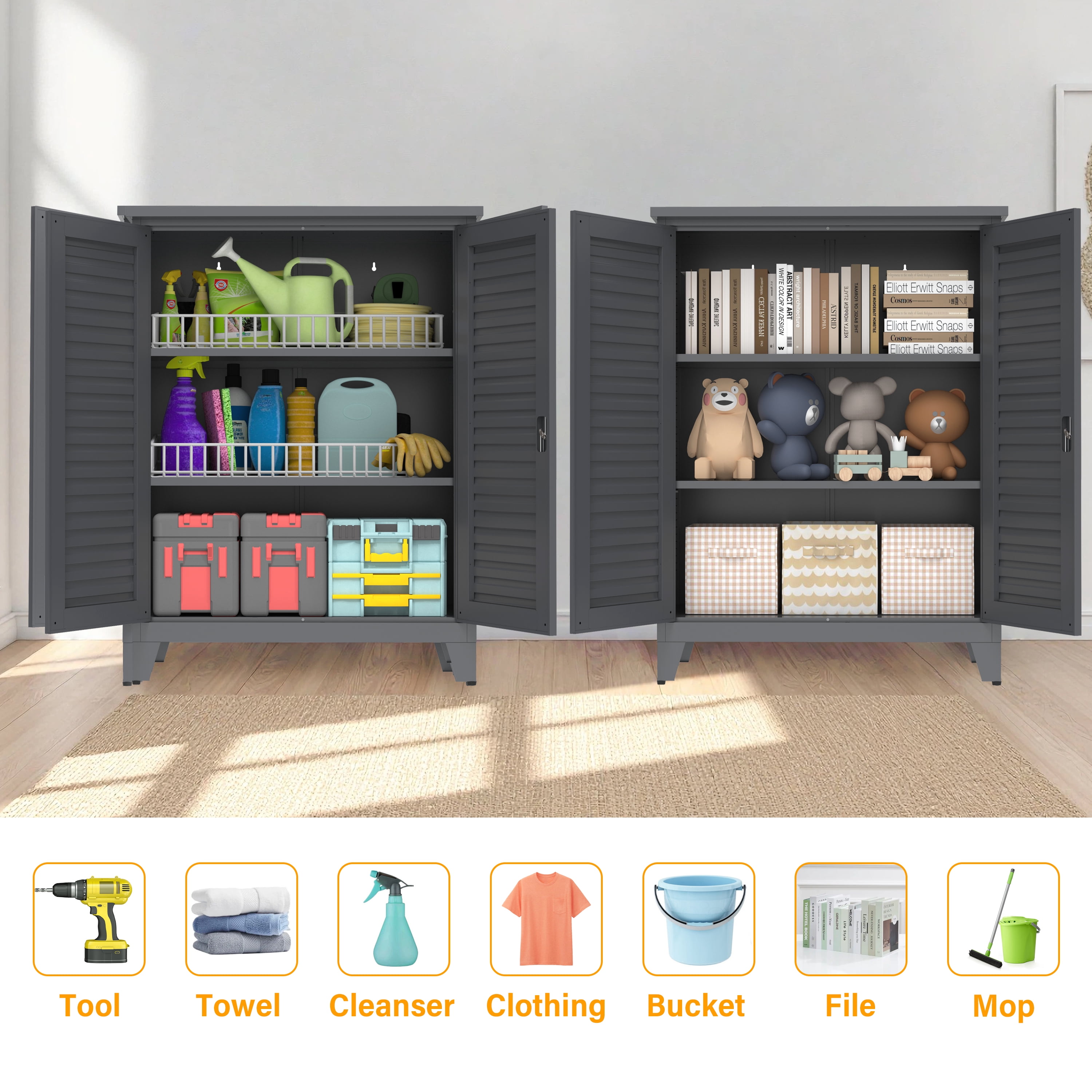 AISWORD 47" Tall Metal Outdoor Storage Cabinet, Heavy-Duty Waterproof Garden Sheds & Outdoor Storage with Lock, Tool Storage Cabinet & Broom Closet for Garage, Patio, Black