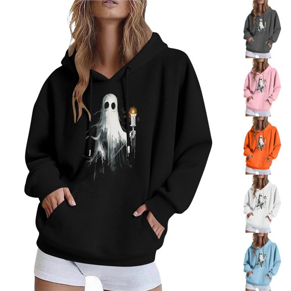 Aboser Womens Halloween Hoodie Spooky Holiday Shirts Casual Long Sleeve Pullover Hooded Sweatshirt Funny Graphic Hoodies with Pocket