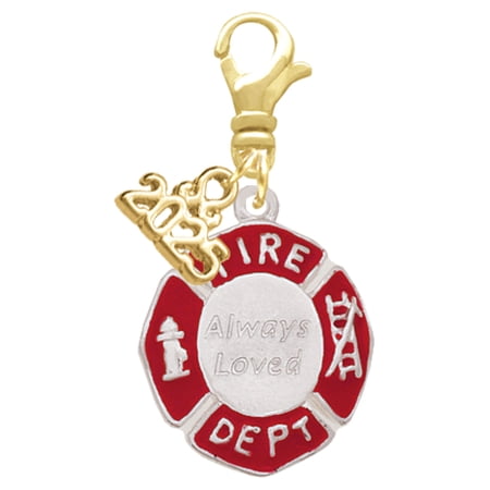Delight Jewelry Silver-tone Red Always Loved Fire Department Shield - Gold-tone Clip on Charm with Mini Year 2025