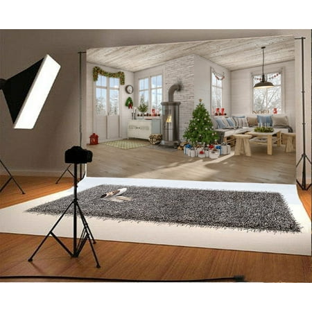 Image of GreenDecor 7x5ft Merry Christmas Backdrop Decoration Tree Gifts Fireplace Sofa Table Garland Lantern Interior Wood Floor Heavy Snow Photography Background Kids Adults Photo Studio Props