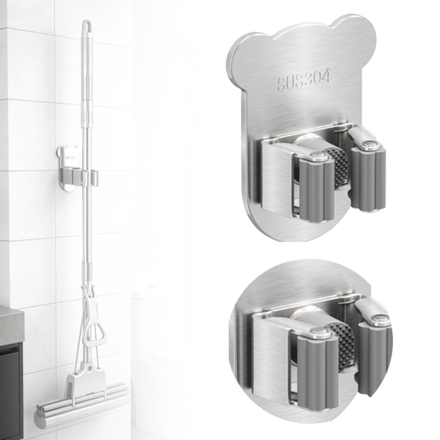 Cartoon Bear Stainless Steel Mop Holder No Punch Bathroom Mop Rack Strong Storage Solution 5ml
