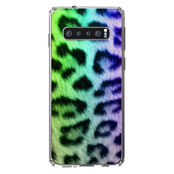 DistinctInk Clear Shockproof Hybrid Case for Samsung Galaxy S10 (6.1" Screen) - TPU Bumper, Acrylic Back, Tempered Glass Screen Protector - Rainbow Leopard Cheetah Fur Print