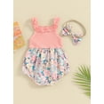 thumbnail image 5 of Yunliwuli Infant Baby Girl Summer Jumpsuit with Bow Headband Sleeveless Flower Print Patchwork Romper Set, 5 of 10