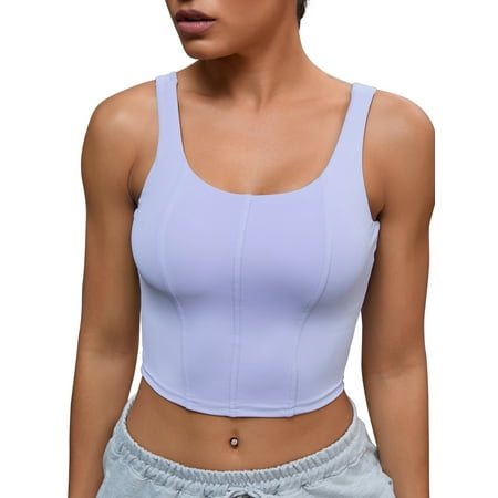 INSPIRE CHIC Womens U Back Longline Padded Sports Bra Cami Crop Workout Fitness Tank Top with Built in Bra M Blue