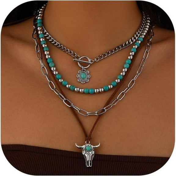 Western Necklaces Boho Layered Charm Necklace for Women Turquoise Beaded Choker Ox-head Pendant Necklace Western Jewelry for Women Cowgirl Accessories