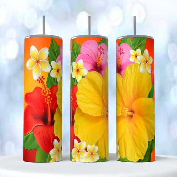 Tropical Hibiscus Flowers Beach on a 20 ounce Tumbler insulated coffee cup