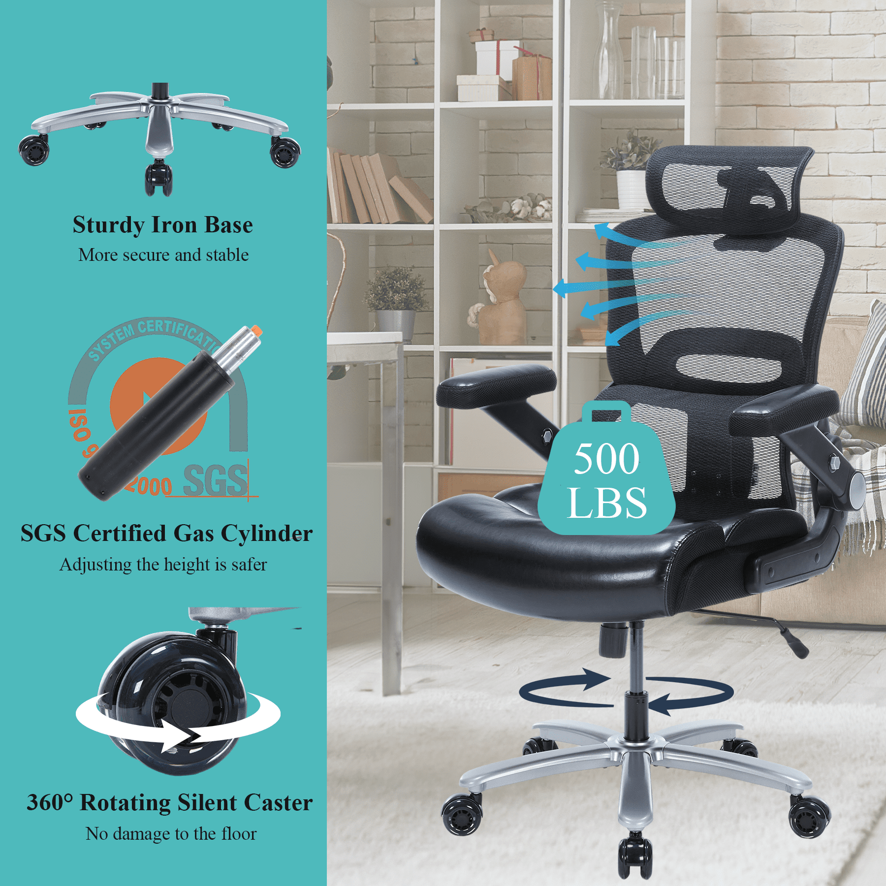 X Xishe Executive Office Chair Ergonomic Desk Chair with Padded Flip-up Arms 500LBS PU Leather Chair with Adjustable Lumbar Support Swivel Rolling Computer Chair for Big and Tall People,Black