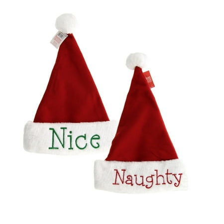 Naughty or Nice Santa Hats, 2pk, Festive Holiday Christmas Hats with Hand Stitched Naughty in Red on one side and Nice in Green on the other, Reversible (2 Hats)