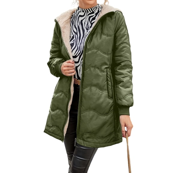 Wutalume Women's Solid Color Thick Long Sleeve Fashion Coat Jacket with Geometric Wave Hood, Mid Length Plush Insulated Coat for Cold Weather Comfort,Army Green L