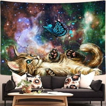 Cool Cat Tapestry Wall Decorations, Funny Kitten Playing With Butterfly Starry Sky Nebula Galaxy Artwork Milky Way Space Psychedelic Tapestry Wall Hanging Home Decor, 60 X 50 Inches