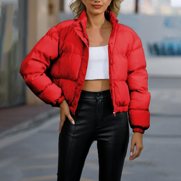 Women's Short Puffer Jacket Solid Color Quilted Outerwear Warm