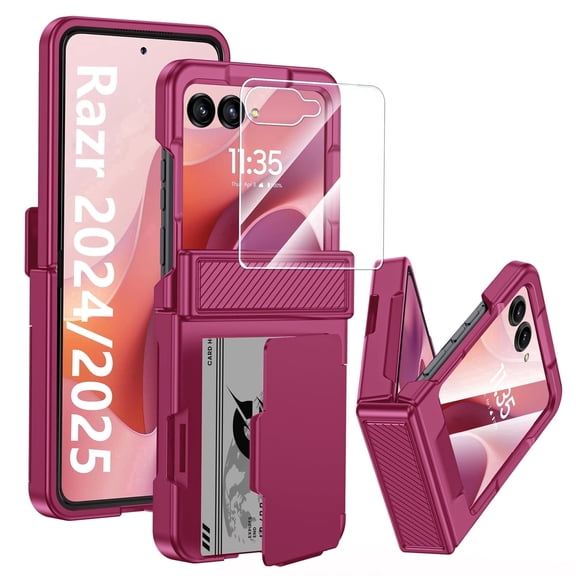 Oupeigar for Motorola Razr 2026/2025/2024 Phone Case,Card Holder(4 Cards)[RFID Shielding]&HD Screen Protector,Military Grade Protection Case-Rose Red