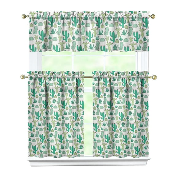 Southwestern Succulent Kitchen Curtains 3-PC Set - Aesthetic Desert Style Semi-Sheer Short Curtains for Windows