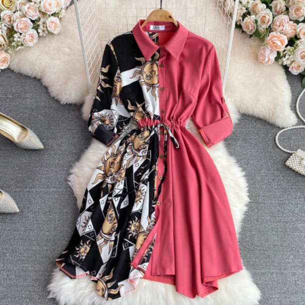 Vestido De Manga Larga Con Botones De Primavera Con Estampado Irregular Para Mujeres