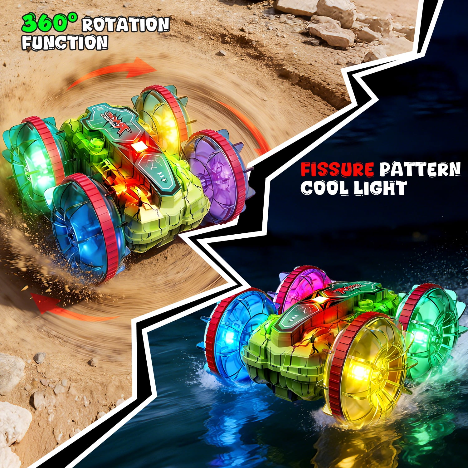 JoyStone Amphibious RC Car for Kids, 4WD Waterproof All Terrain Remote Control Stunt Truck with Double-Sided Driving, LED Light-Up Wheels, 2 Batteries, Green