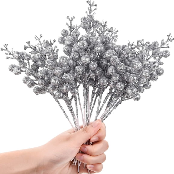 20Pcs Silver Berry Stems,Artificial Berry Stems Christmas Glitter Berries Stems,9.06In Spray Picks Holly Berry Branches for Christmas Tree Ornaments