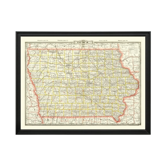 Iowa Art, 1888 Vintage Map of Iowa History Wall Decor Gift, Old Iowa Map - 24" x 18" Black Framed Print