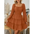 thumbnail image 3 of Fancyglim Dress for Women Long Sleeve Square Neck Short Dress Tiered Ruffle A-Line Flowy Mini Dresses with Pockets Brown L, 3 of 7