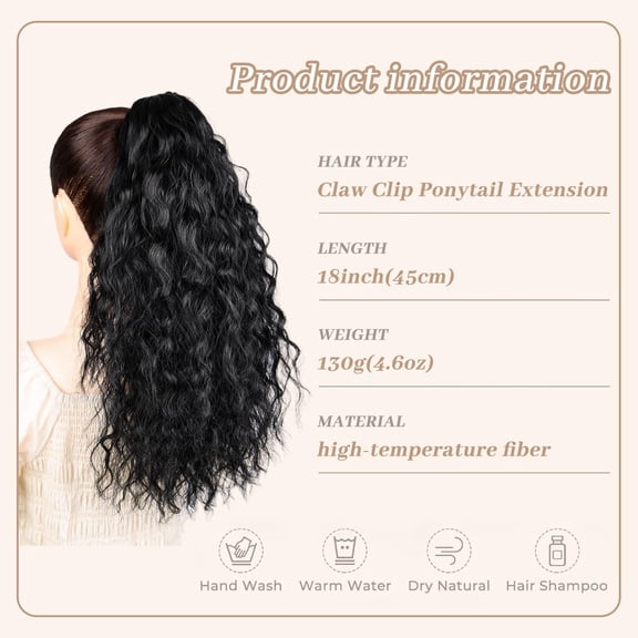 WEIF-Black Ponytail Extensions 18in Claw Clip in Ponytail Hair Extension Synthetic Clip on Ponytail Hairpiece for Women #1B Natural Black