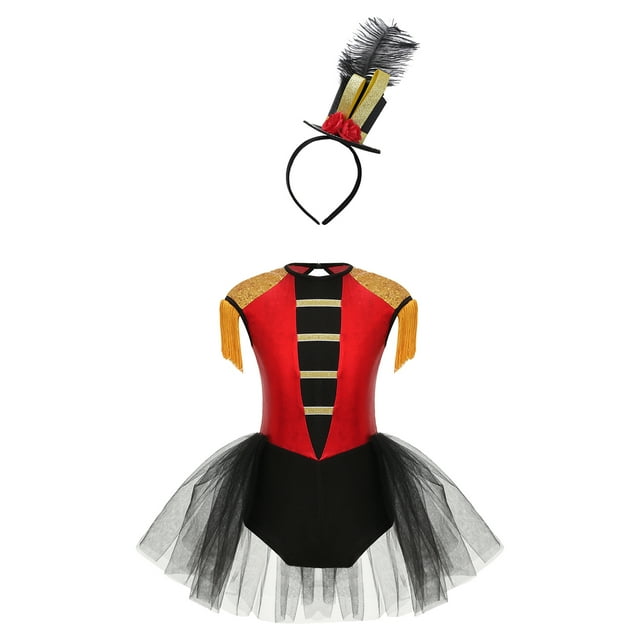 Linjinx Costume de Cirque pour Filles Enfants Justaucorps Sans Manches à Franges Robe Tutu avec Bandeau Ensemble pour Fête sur Scène Rouge 16