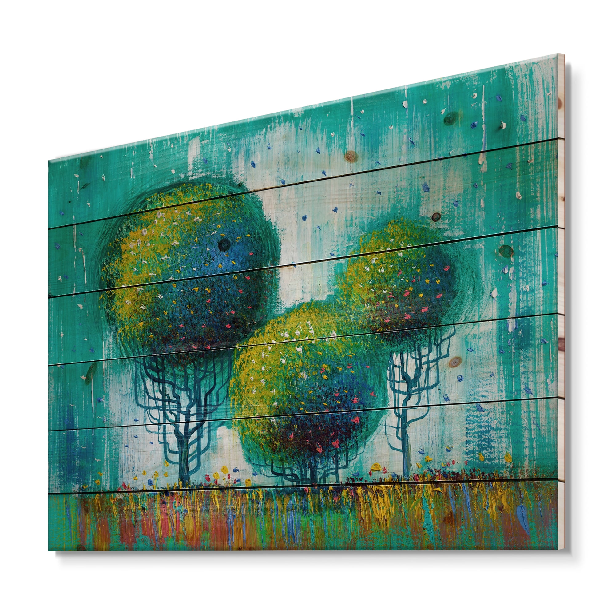 Designart 'Colourful Landscape Trees Impressionist II' Modern Print on Natural Pine Wood