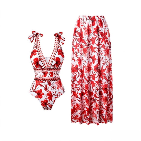 Women's Floral Print One Piece Swimsuit with Cover Up Skirt Set, V Neck Tie Shoulder Swimwear Two Piece Beach Outfit