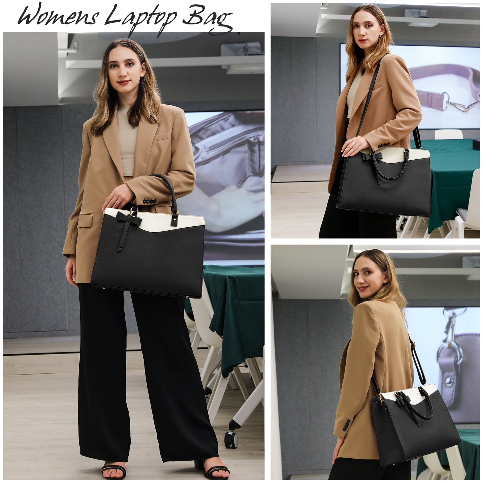 RAINSMORE Laptop Bag for Women 15.6 Inch PU Tote Bag Lightweight Business Office Handbag Work Bag Waterproof Shoulder Briefcase