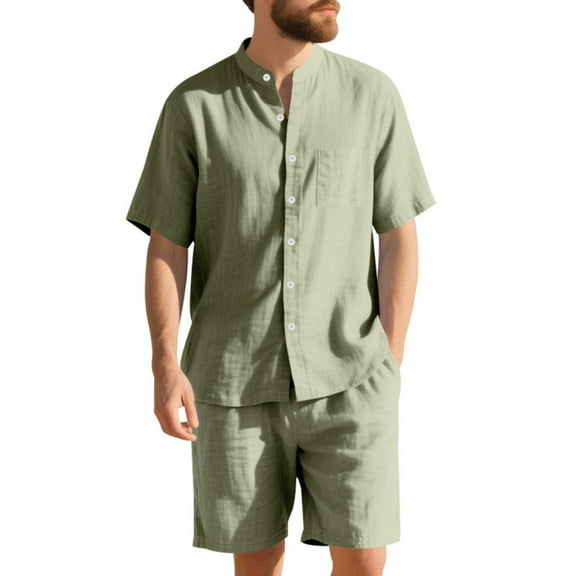 Mlqidk Men's 2 Pieces Cotton Linen Set Casual Short Sleeve Button Down Shirts Lightweight Short Pants Sets Summer Beach Outfits Army Green S