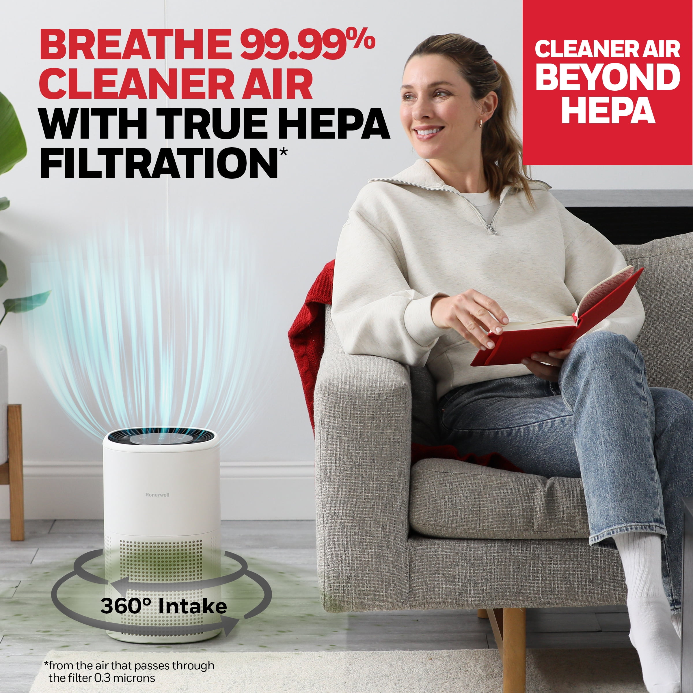 Honeywell Allergen Plus 1080 Sq. Ft 4-in-1 HEPA Air Purifier, Auto Mode Reduces Pet Dander, Smoke & Odors, White