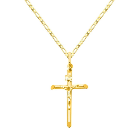 Wellingsale 14k Yellow Gold Polished Catholic Crucifix Cross Charm Pendant with 2mm Figaro Chain Necklace - 16"