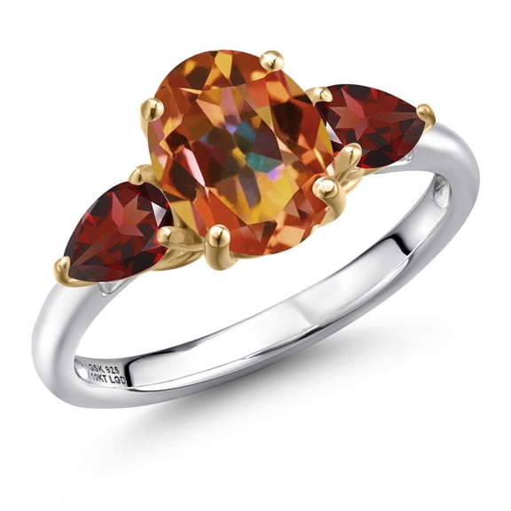 Gem Stone King 925 Silver and 10K Yellow Gold Ecstasy Mystic Topaz and Red Garnet Engagement Ring for Women | 2.98 Cttw | Oval 9X7MM | Gemstone November Birthstone | Size 5