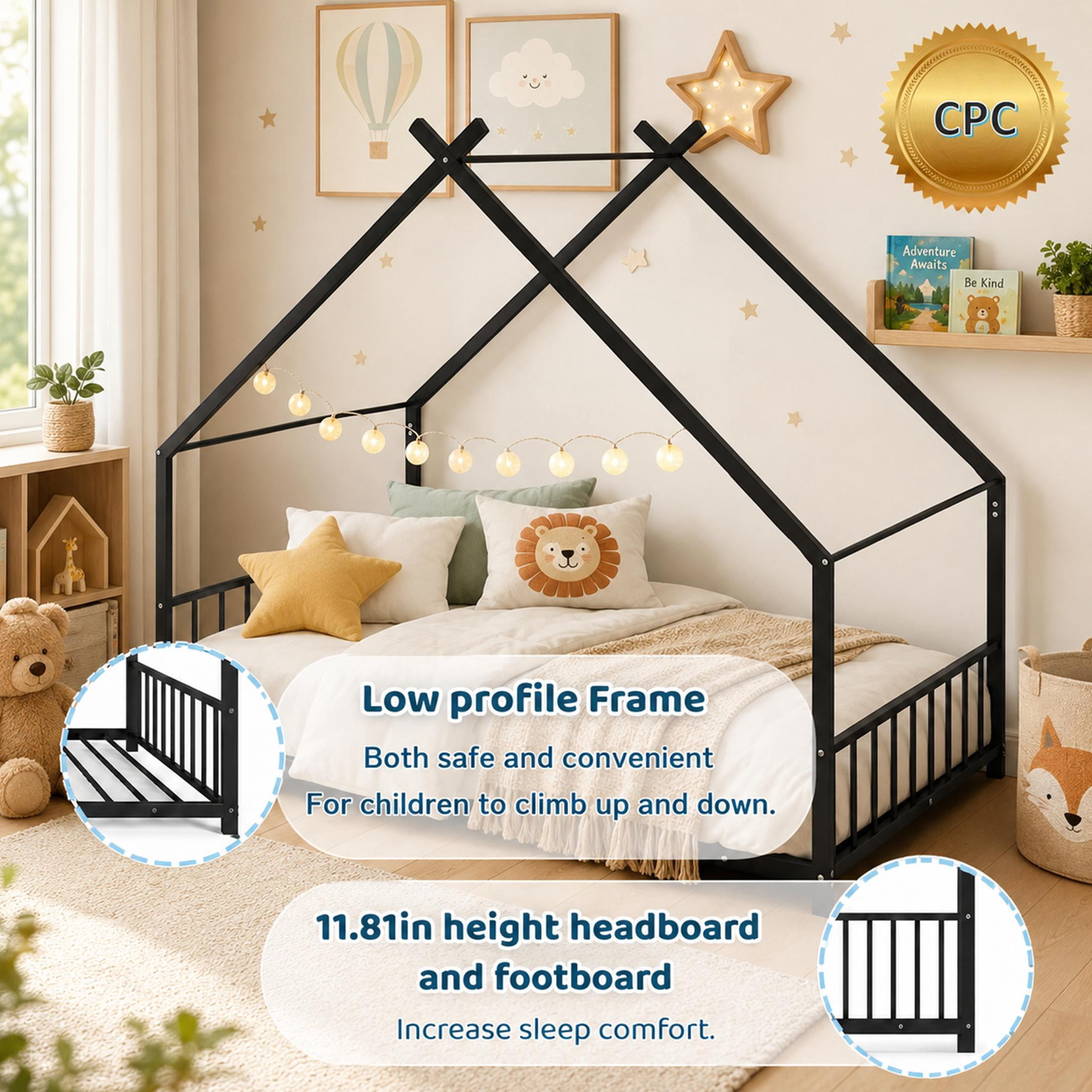 SESSLIFE Twin-Size House Bed, Metal Twin Platform Bed Frame, House-shaped Design, Tent Bed with Roof and Chimney for Bedroom, No Box Spring Needed, Easy Assembly,Black