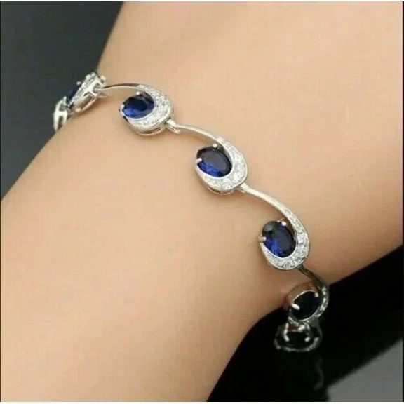 14k White Gold Plated 5Ct Oval Cut Simulated Blue Sapphire Tennis Bracelet Women's 7"in