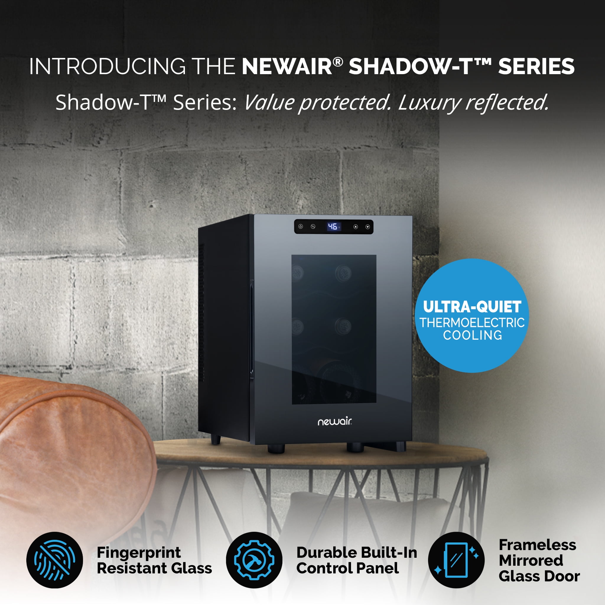Newair Shadow-T Series Wine Cooler Refrigerator, 6 Bottle Countertop Mirrored Compact Wine Cellar, Small Freestanding Glass Door Wine Fridge