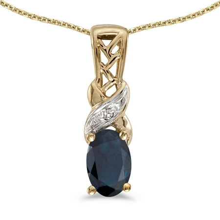 14k Yellow Gold Oval Sapphire And Diamond Pendant with 18" Chain