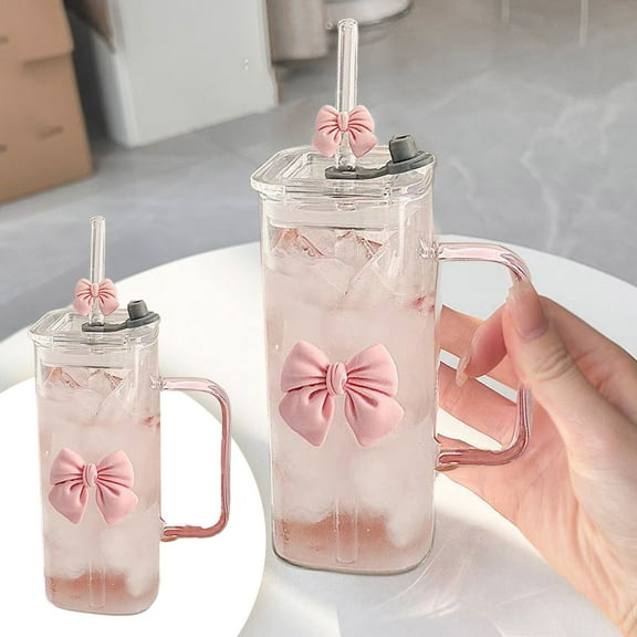 Home Decor Bow Shaped Square Transparent Glass Cup With Lid Straw Handle Suitable For Women And Girls Heat Coffee Tea Cup Glass&Bottle Practical 5.3" X 2.4"
