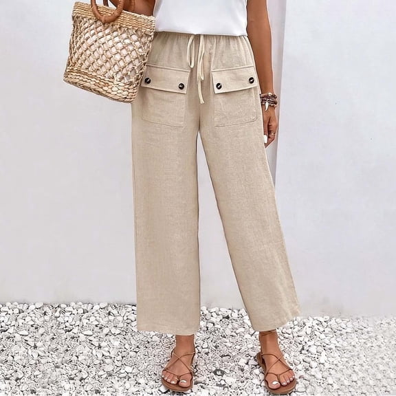 HongQid Women's Linen Blend Cargo Wide Leg Capris, High Waist Drawstring Cropped Pants with Pockets, Lightweight Breathable Beach Bottoms for Summer