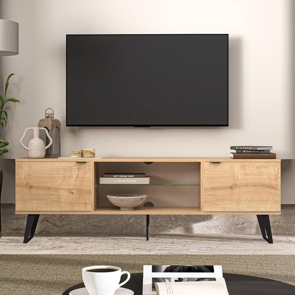 Mid Century Modern TV Stand - 75 inch Entertainment Center with Storage - Oak TV Stand for Living Room