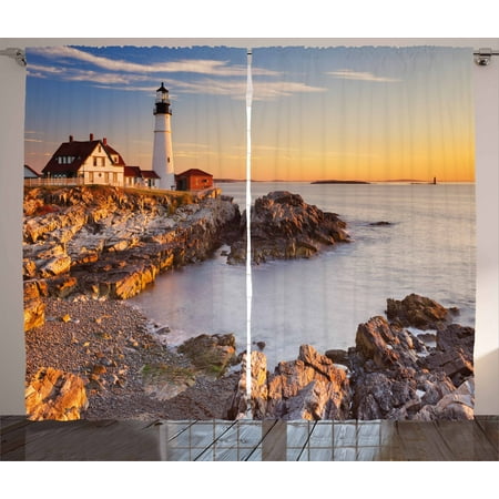 East Coast Lighthouses - United States Curtains 2 Panels Set, Cape Elizabeth Maine River Portland Lighthouse Sunrise USA Coast Scenery, Window Drapes for Living Room Bedroom, 108W X 63L Inches, Pale Blue Tan, by Ambesonne