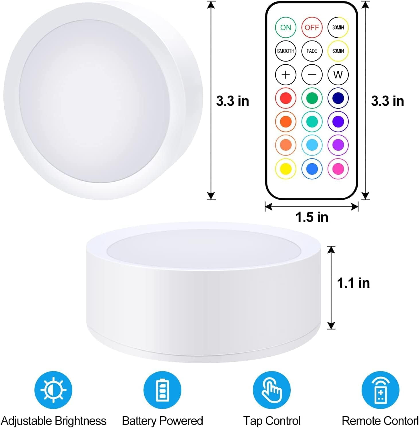 AlltroLite FA7835 Color Changing LED Puck Lights with 2 Remotes (6-Pack), Wireless LED Puck Lights Battery Operated, 13 RGB Colors Changing Under Cabinet Lights, Dimmable Closet Lights with Timer
