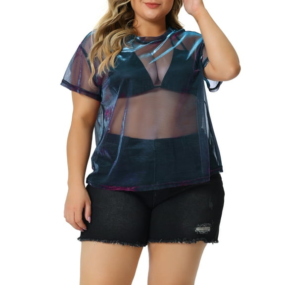 Unique Bargains Women's Plus Size T-shirt Sheer Mesh Drop Shoulder Short Sleeve Blouse 1X Black Purple