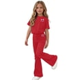 thumbnail image 6 of Girls Clothing Set Teen 2 Piece Outfits Round Neck Oversize Short Sleeve Tops Flare Pants Sets School Loose Red 9-10 Years, 6 of 6